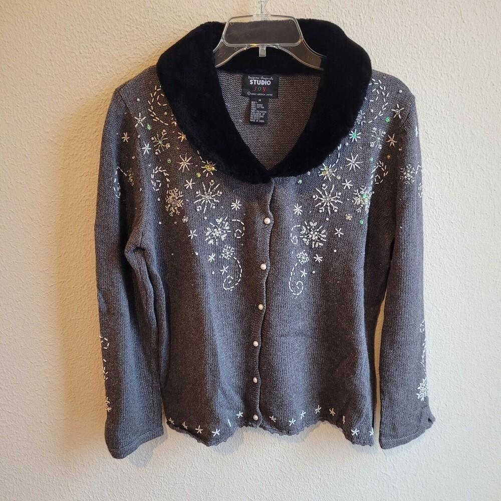 VIntage Snowflakes Sweater Cardigan Beaded Womens M Gray White
